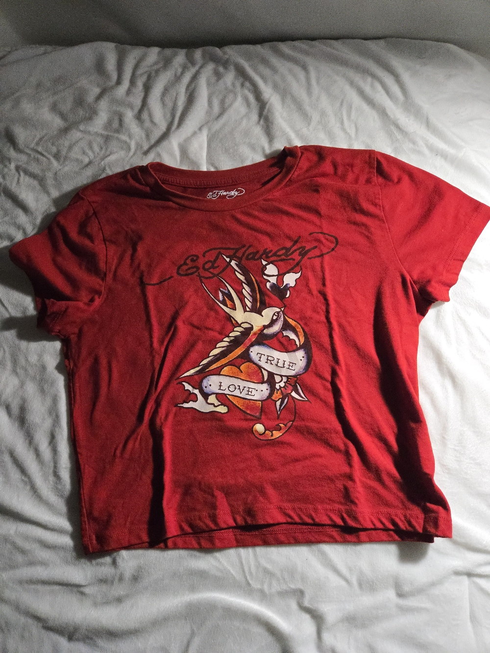 Ed Hardy Red Graphic Crop Tee with Swallow "True Love"